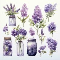 ai généré collection de aquarelle le maçon pots avec violet fleurs clipart. ai généré photo