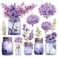 ai généré collection de aquarelle le maçon pots avec violet fleurs clipart. ai généré photo