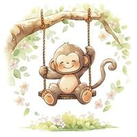 ai généré mignonne content bébé singe sur oscillations sur une arbre dans aquarelle. ai généré photo