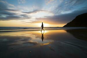 ai généré une la personne en marchant sur le plage à le coucher du soleil. ai généré. photo