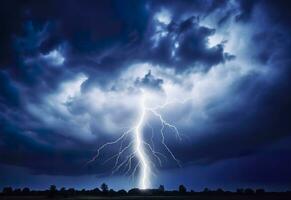 ai généré foudre grèves sur une nuageux spectaculaire orageux ciel. ai généré photo