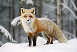 ai généré rouge Renard permanent sur neige. ai généré. photo