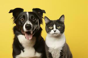 ai généré chat et chien ensemble avec content expressions sur Jaune Contexte. ai généré photo