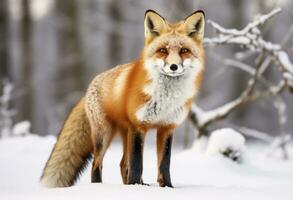 ai généré rouge Renard permanent sur neige. ai généré. photo