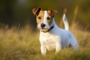 ai généré content jack Russell terrier animal de compagnie chien en attendant, écoute dans le herbe. ai généré photo