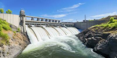 ai généré hydro-électrique barrage générateur vert énergie de écoulement l'eau. ai généré. photo