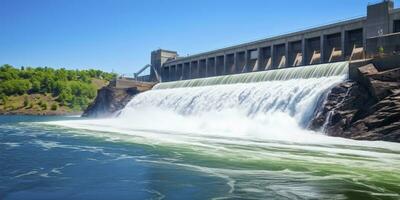 ai généré hydro-électrique barrage générateur vert énergie de écoulement l'eau. ai généré. photo