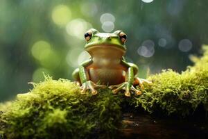 ai généré vert arbre grenouille séance sur mousse dans le forêt tropicale. faune scène de la nature. photo