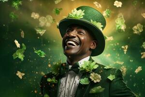 ai généré portrait de une content lutin avec trèfle feuilles. st. patrick's journée. photo