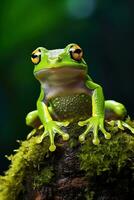 ai généré vert arbre grenouille séance sur mousse dans le forêt tropicale. faune scène de la nature. photo