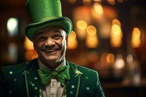 ai généré portrait de une content lutin avec trèfle feuilles. st. patrick's journée. photo