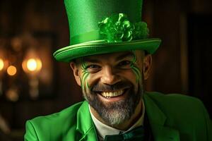 ai généré portrait de une content lutin avec trèfle feuilles. st. patrick's journée. photo