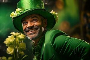 ai généré portrait de une content lutin avec trèfle feuilles. st. patrick's journée. photo