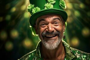 ai généré portrait de une content lutin avec trèfle feuilles. st. patrick's journée. photo