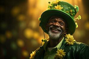 ai généré portrait de une content lutin avec trèfle feuilles. st. patrick's journée. photo