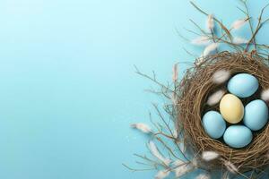 ai généré Pâques des œufs dans une nid sur une bleu Contexte photo