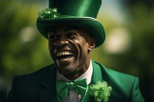 ai généré portrait de une content lutin avec trèfle feuilles. st. patrick's journée. photo