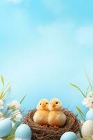 ai généré Pâques des œufs dans une nid sur une bleu Contexte photo