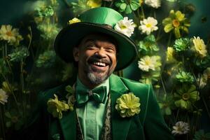 ai généré portrait de une content lutin avec trèfle feuilles. st. patrick's journée. photo