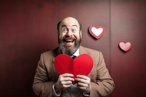 ai généré portrait de une content homme avec une rouge cœur sur la Saint-Valentin journée concept. photo