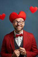 ai généré portrait de une content homme avec une rouge cœur sur la Saint-Valentin journée concept. photo