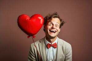 ai généré portrait de une content homme avec une rouge cœur sur la Saint-Valentin journée concept. photo