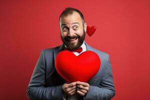 ai généré portrait de une content homme avec une rouge cœur sur la Saint-Valentin journée concept. photo