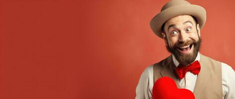 ai généré portrait de une content homme avec une rouge cœur sur la Saint-Valentin journée concept. photo