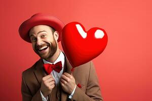 ai généré portrait de une content homme avec une rouge cœur sur la Saint-Valentin journée concept. photo