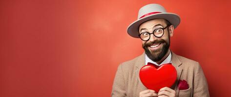 ai généré portrait de une content homme avec une rouge cœur sur la Saint-Valentin journée concept. photo