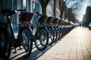 ai généré rangée de électrique vélos parking dans le ville. génératif ai. photo