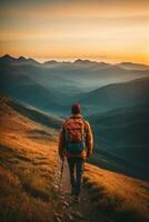 ai généré promeneur avec sac à dos randonnée dans le montagnes à le coucher du soleil. Voyage et aventure concept, ai génératif. photo