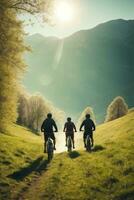 ai généré cyclistes sur le route dans le montagnes à le coucher du soleil. sport et actif la vie concept, ai généré. photo