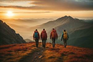 ai généré groupe de randonneurs randonnée dans le montagnes à le coucher du soleil. Voyage et aventure concept, ai génératif. photo