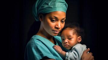 ai généré un africain américain infirmière dans gommages tendrement berceaux une Jeune enfant, fournir confort et la compassion dans une vaguement allumé soins de santé environnement. photo