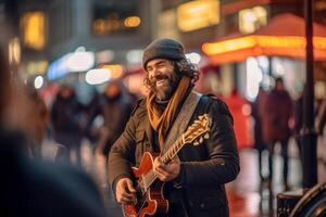 ai généré souriant rue musicien performant avec guitare dans soir ville lumières photo