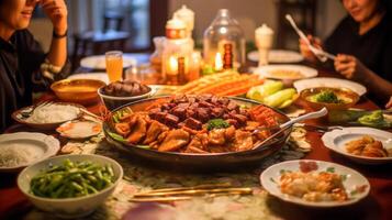 ai généré intime famille dîner avec traditionnel chinois vaisselle photo