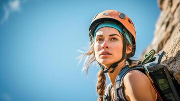 ai généré déterminé femme dans escalade casque en train de préparer pour ascension contre bleu ciel photo