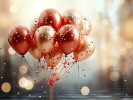 ai généré élégant rouge et or métallique rouge et or des ballons avec confettis. la Saint-Valentin jour, international aux femmes jour, romantique Contexte photo