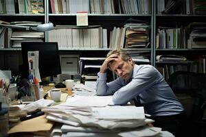 ai généré homme d'affaire penché dans le sien travail chaise il regardé ennuyé sur travail bureau les documents photo