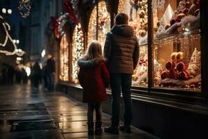 ai généré les enfants à la recherche une fenêtre de une Noël magasin sur Noël journée photo