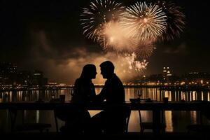 ai généré couple sortir ensemble dans restaurant, Nouveau années journée fête feux d'artifice photo