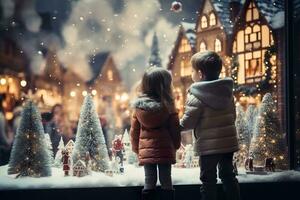 ai généré les enfants à la recherche une fenêtre de une Noël magasin sur Noël journée photo