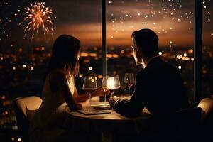 ai généré couple sortir ensemble dans restaurant, Nouveau années journée fête feux d'artifice photo