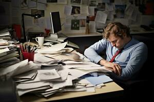 ai généré homme d'affaire penché dans le sien travail chaise il regardé ennuyé sur travail bureau les documents photo