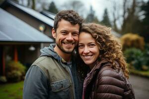 ai généré une content couple et une grand maison avec solaire panneaux installée. photo