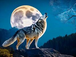 ai généré hurlement Loup contre le plein lune Contexte et le région sauvage neural réseau ai généré photo