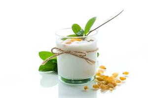 sucré fait maison yaourt avec raisins secs dans une verre photo