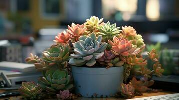 ai généré fleur pot sur une Bureau bureau, succulent cactus vase, génératif ai photo