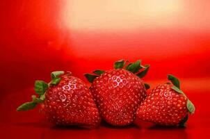 Trois des fraises sont montré sur une rouge Contexte photo